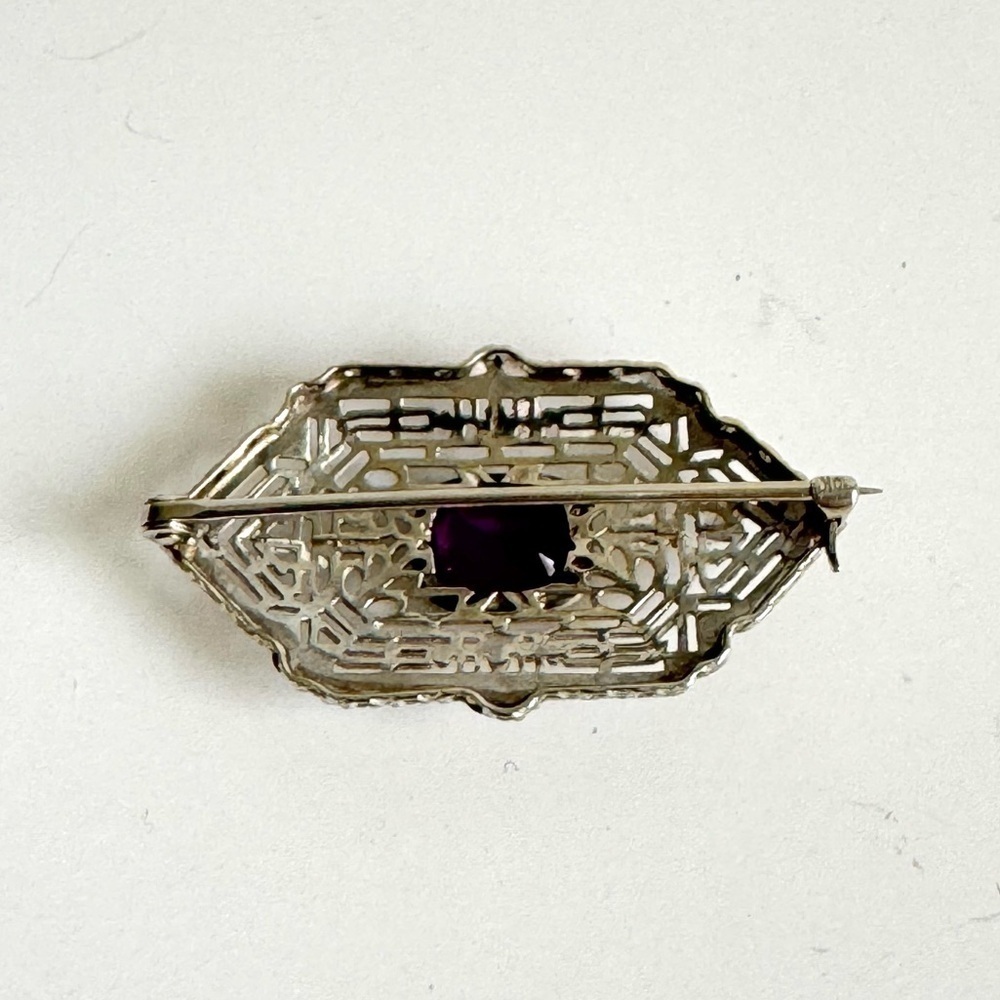 Art Deco 10K White Gold Brooch Filigree‎ Amethyst Pin Ornate Victorian Vintage - Picture 5 of 12